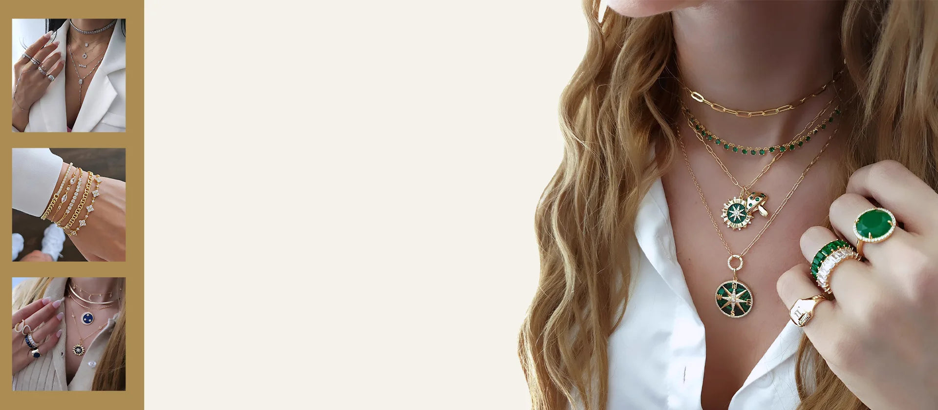 Close-up of a woman wearing layered jewelry, including necklaces, earrings, and bracelets. Her face is not visible, focusing attention on the fine details and textures of each piece. The image also features a zoomed-in view of similar jewelry worn by others, showcasing the versatility of the collection.